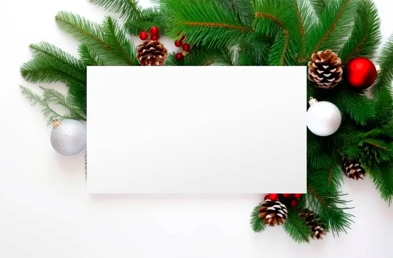 Image of a White Card With Text on a Decorative Background With Christmas Balls
