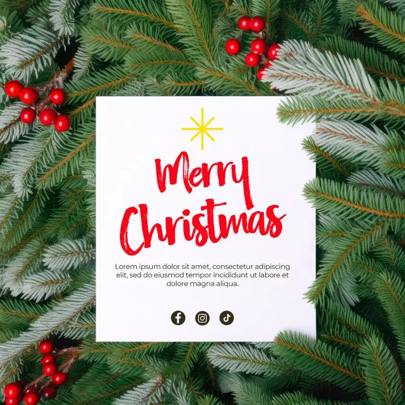 White Invitation Banner With Text on a Background of Fir Tree Branches With Red Balls