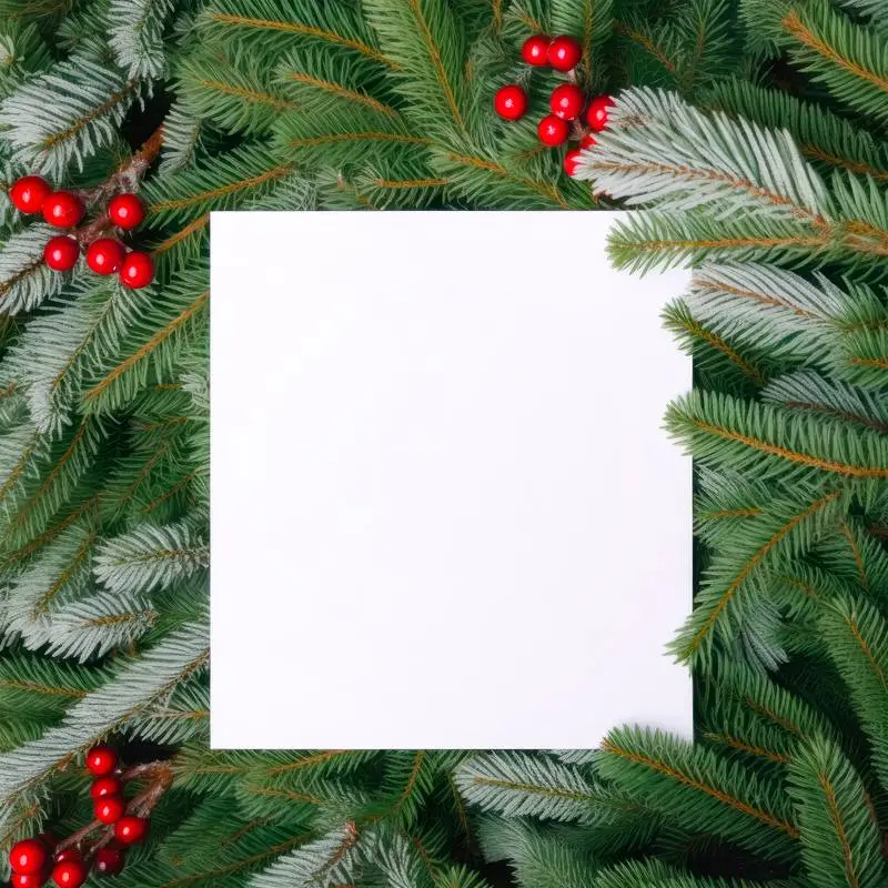 White Invitation Image With Text on a Background of Fir Tree Branches and Red Balls