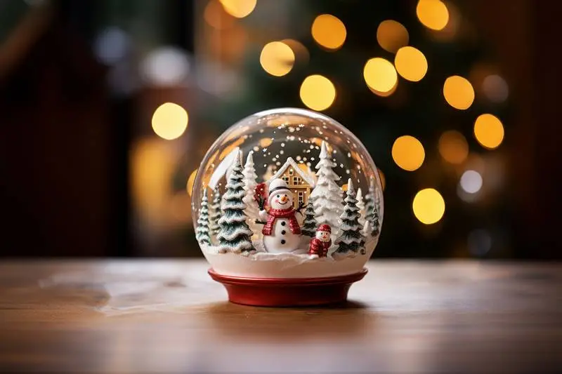 Image of Christmas Snow Globe on Wooden Table With Background of Blurred Lights
