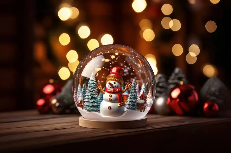Image of Christmas Snow Globe on Wood With a Background of Faded Lights