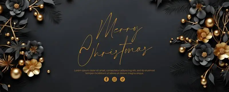Christmas Banner With Black and Gold Decoration With Balls and Flowers on Black Background With Text