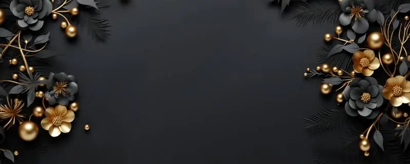 Christmas Banner With Black and Gold Decoration of Balls and Flowers on a Black Background