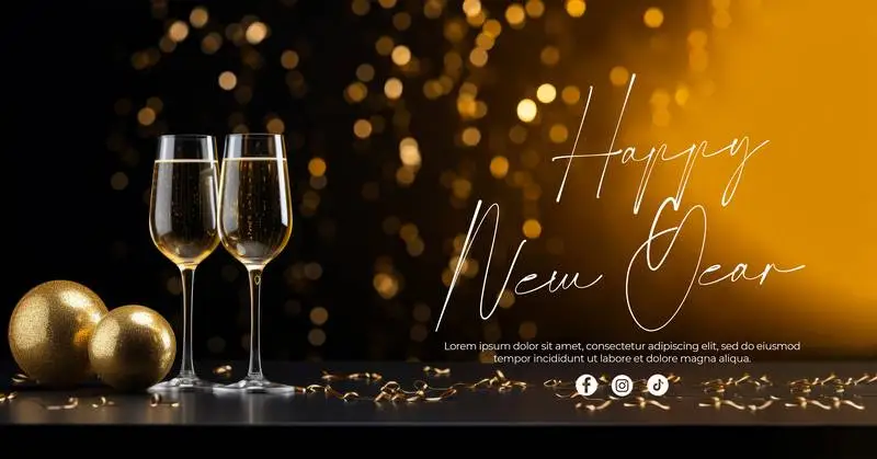 New Year Banner With Champagne Glasses, Decorations and Lights Faded With Text