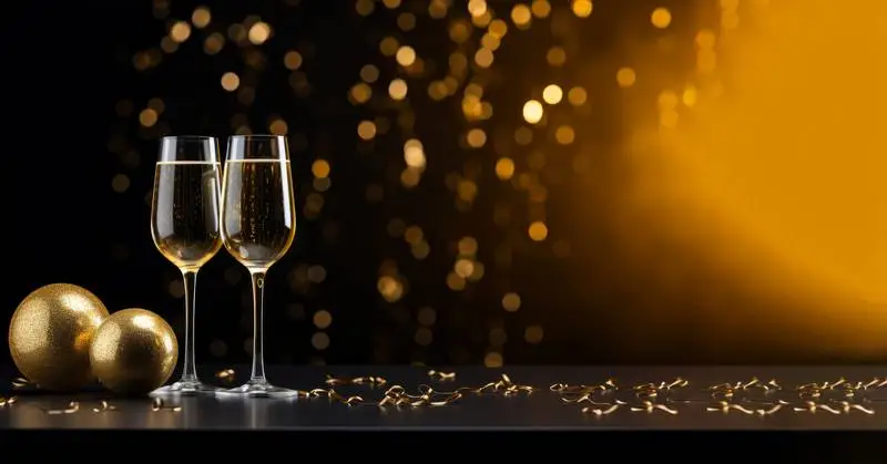 New Year Image With Champagne Glasses, Decoration and Diffused Lights