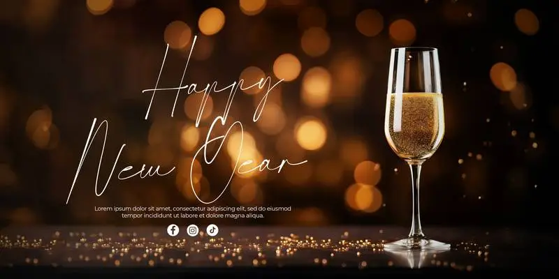 New Year Banner With Champagne Flutes and Faded Lights With Text