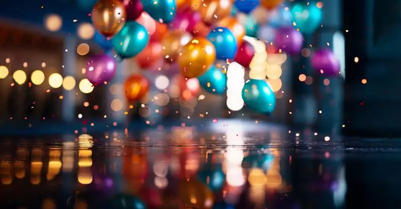 Party Image of Balloons and Confetti in Room With Lights and Reflections