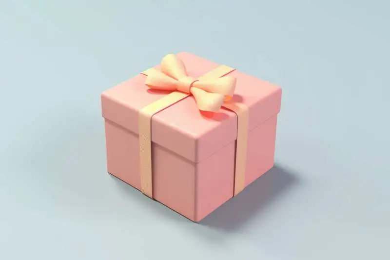 Light Pink Gift Box Wrapped in Yellow Ribbon on a Pale Blue Background