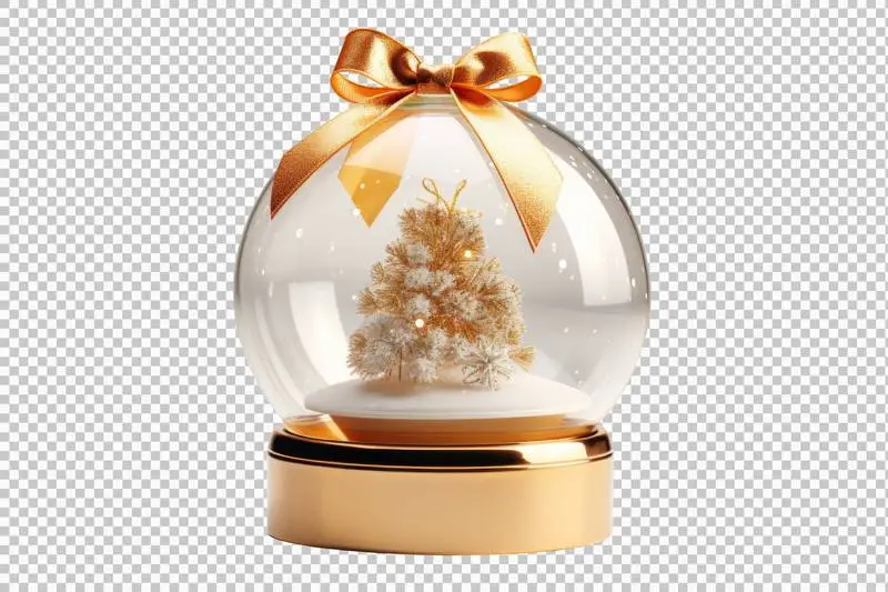 Classic Snow Globe With Golden Base and Ribbon on Transparent Background