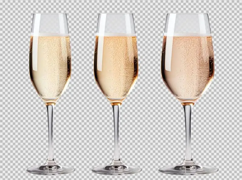Three Champagne-Filled Crystal Glasses Isolated on a Transparent Background