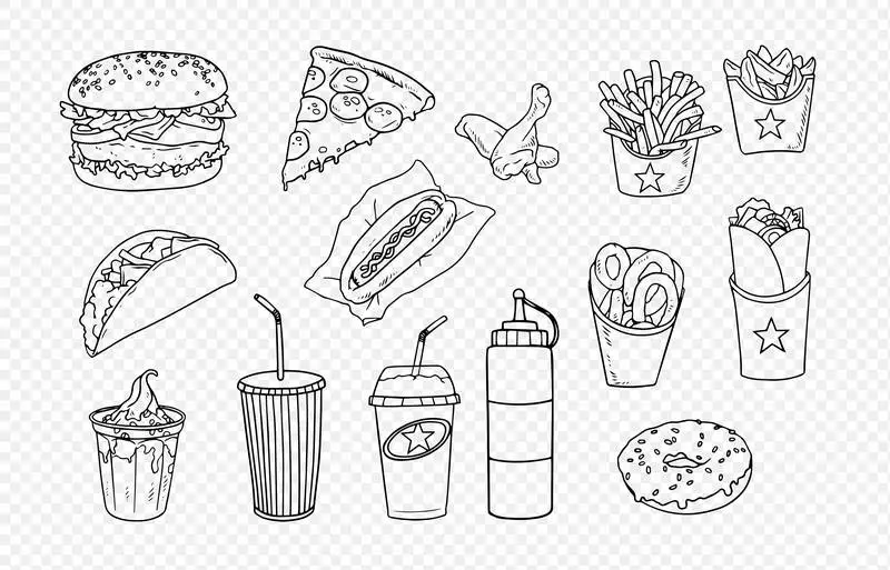 Collection of Illustrations for Barbecue and Fast Food Restaurant With Black Outline on Transparent Background