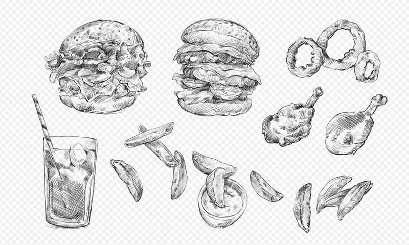 Barbecue and Fast Food Restaurant Illustration Set With Black Outline on Transparent Background