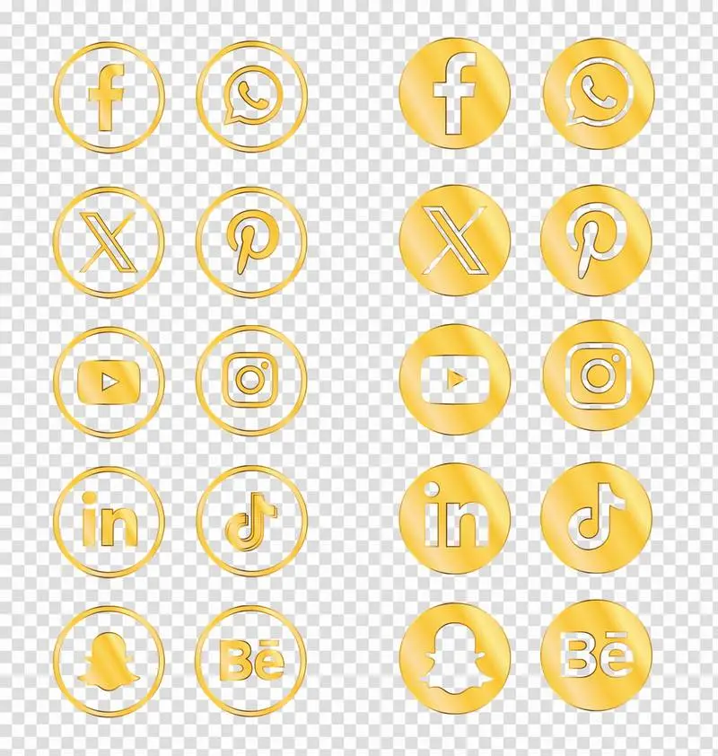 Collection of Golden Social Media Logos on a Transparent Background