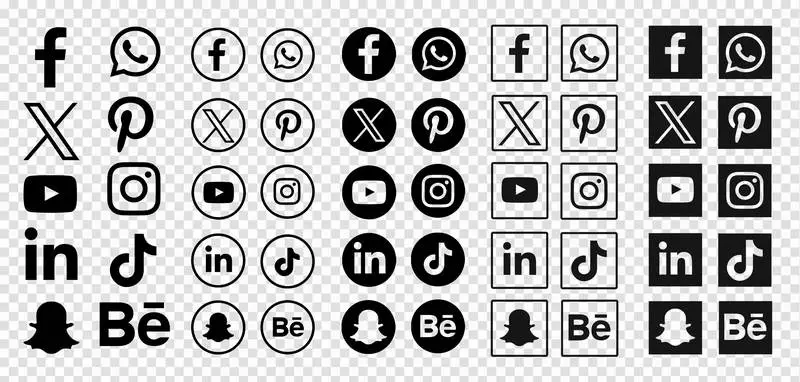 Collection of Black Social Media Logos on a Transparent Background