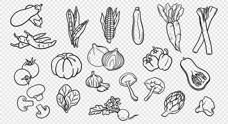 Collection of Hand-Drawn Vegetables With Black Outline on a Transparent Background