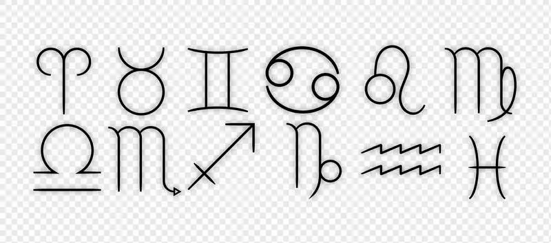Collection of Zodiac Symbols in Linear Style on a Transparent Background