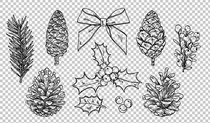 Collection of Hand-Drawn Christmas Elements With Black Outline on Transparent Background