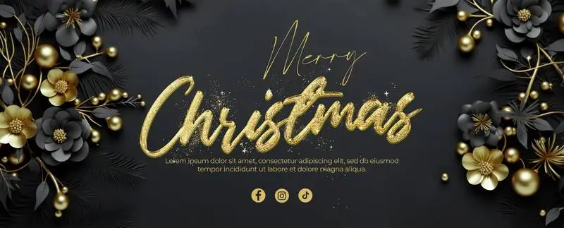 Christmas Banner With Gold Glitter Text With Text on a Background of Flowers in Gold and Black Paper Style