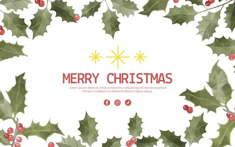 Christmas Banner With Leaves and Red Balls in Watercolour With Text on a White Background
