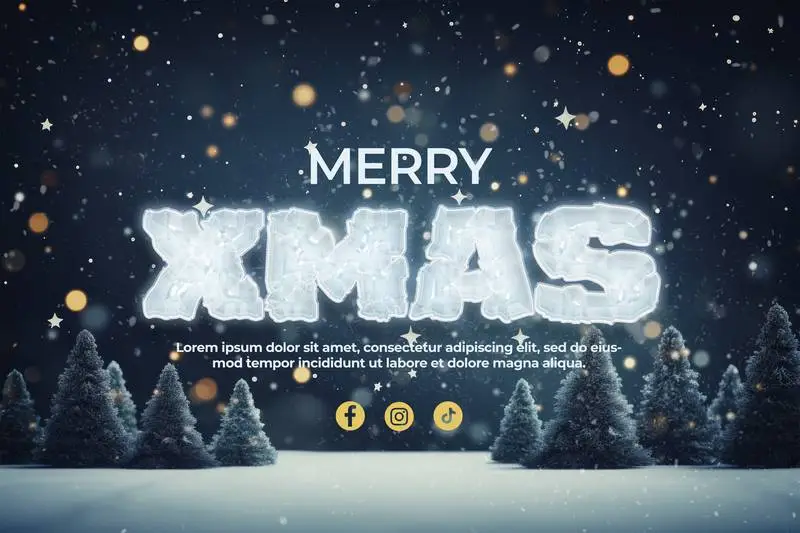 Banner With Ice-Style Christmas Word on a Snowy Background With Trees and Text