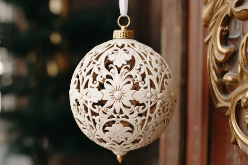Close-Up Photo of a Die-Cut White Ceramic Christmas Ball