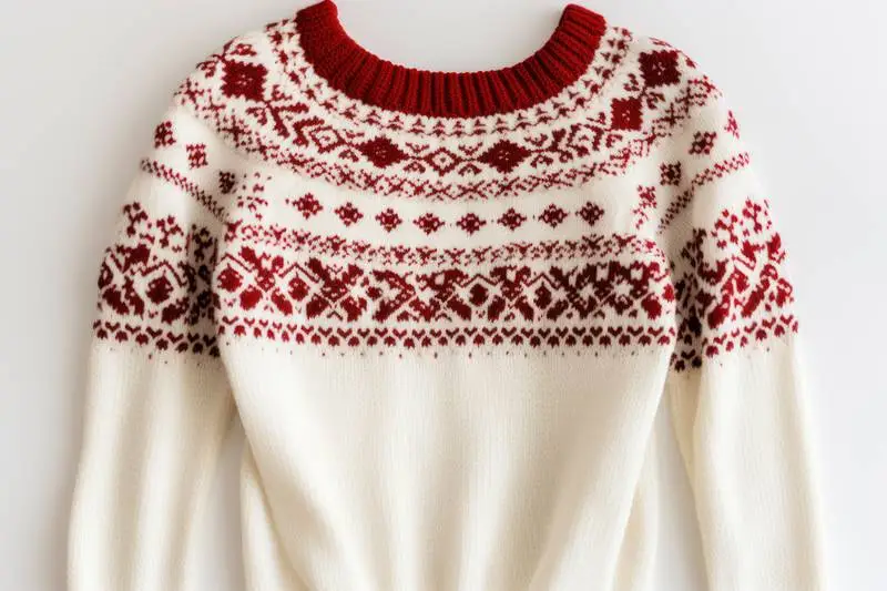 Close-Up Photo of a White and Red Christmas Jumper