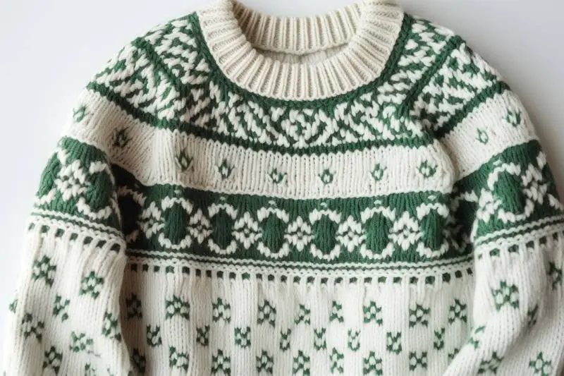 Close-Up Photo of a Green and White Christmas Jumper