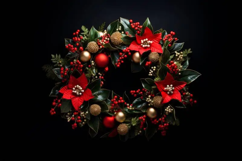 Elegant Christmas Mistletoe Wreath With Poinsettias and Golden Balls, on a Black Background