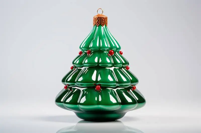 Green Enamelled Ceramic Christmas Tree With Red Balls on a White Background