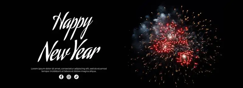 Text Banner With Image of Red and Yellow Fireworks on a Black Background