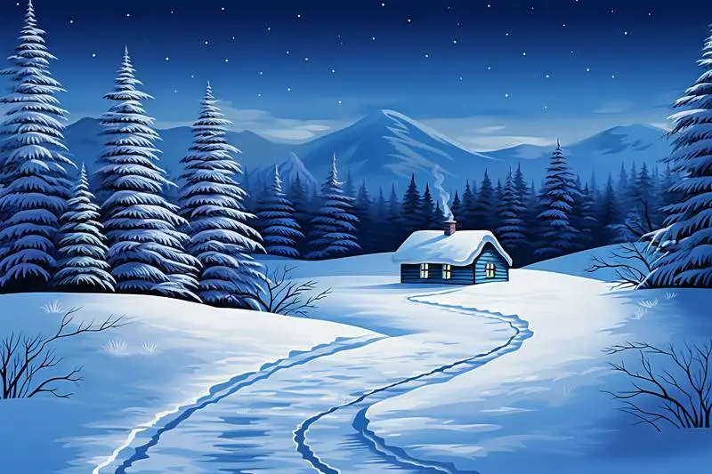 Christmas Illustration With Snowy Cabin With Mountains and Trees