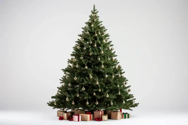 Image of Christmas Tree With Elegant Crystal Balls and Gifts on White Background