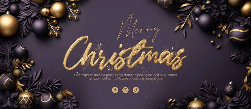 Stylish Purple and Gold Banner With Balls and Leaves With Paper Effect for Christmas