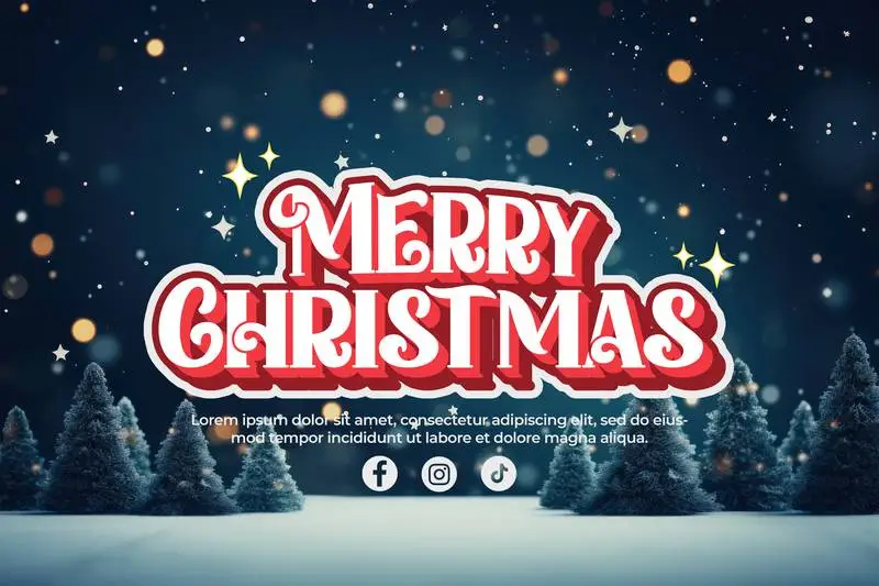 Christmas Banner With Label Text on Snowy Background With Trees and Stars