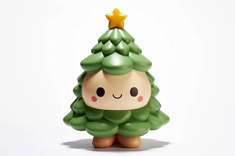 Image of Toy Christmas Tree With Plastic Texture and Cute Face on White Background