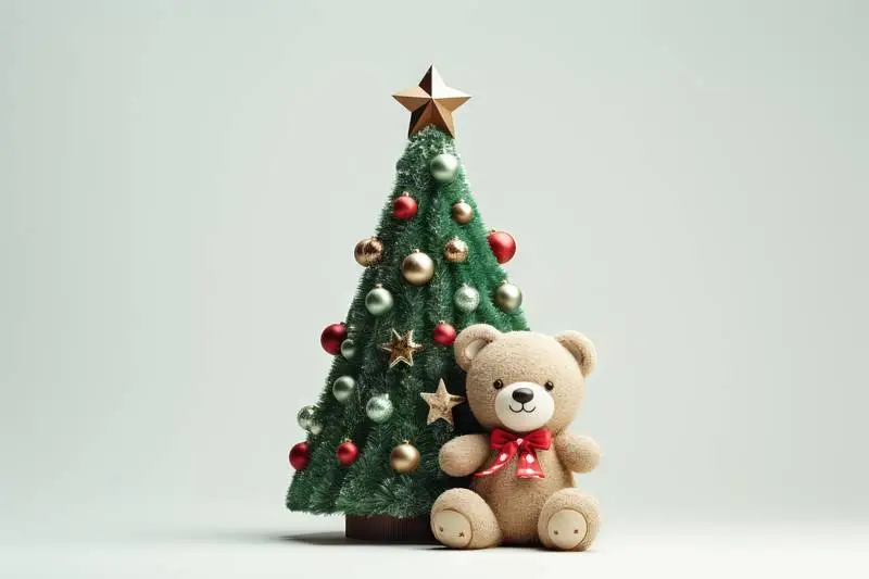 Image of Christmas Tree With Teddy Bear on White Background