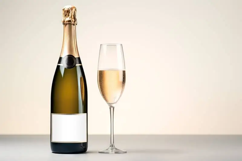 Image of Champagne Bottle With Blank Label and Full Glass on White Background