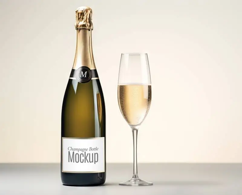 Mockup of Label on Champagne Bottle and Full Glass on White Background