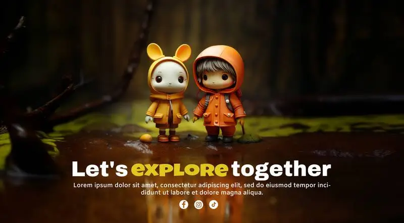 Banner With Toy Dolls and Text on Forest Background With Water