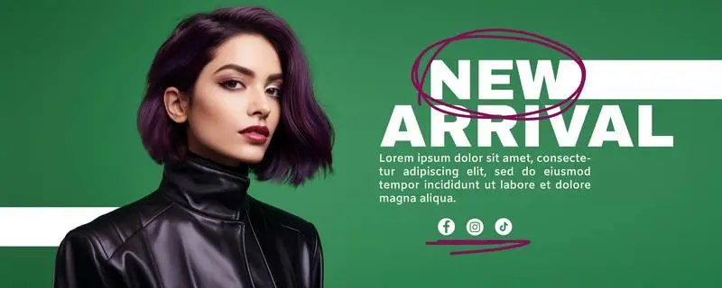Fashion Banner With Model With Purple Hair and Text on a Green Background
