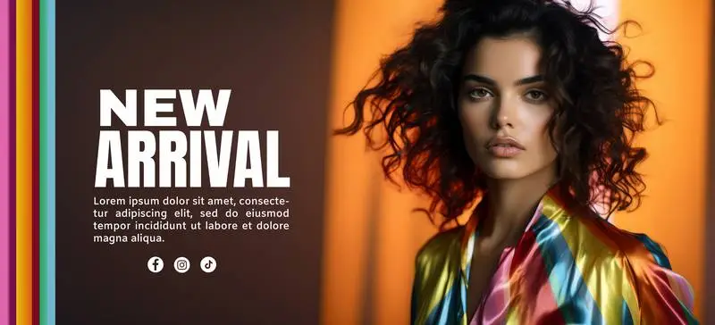 Fashion Banner With Model in Colourful Blouse and Text on Light Background