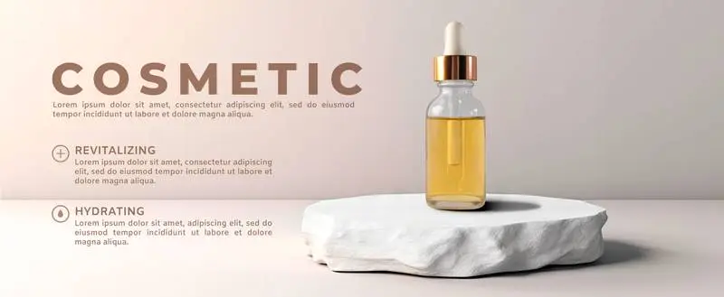 Elegant Cosmetic Banner With Dropper on a Stone Podium and Text