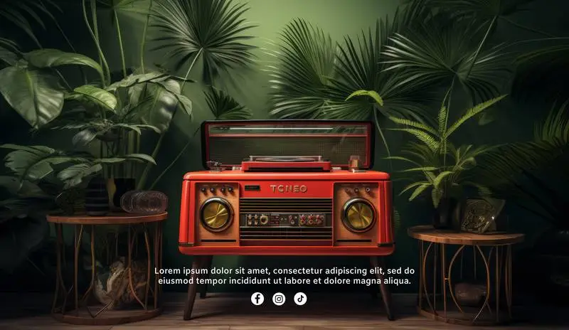 Retro Banner With Radio and Plants on Green Wall