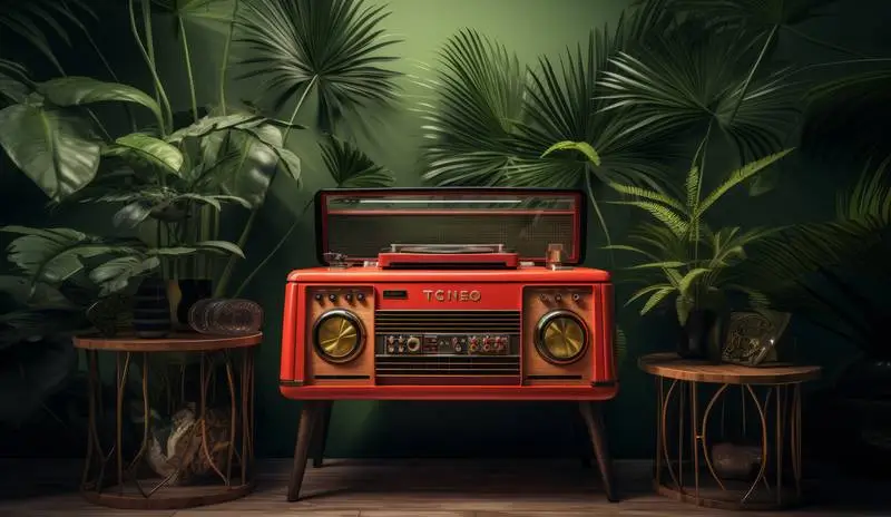 Retro Image With Radio and Plants on Green Wall