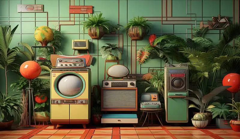 Image of Scene With Retro Appliances With Plants Over Vintage Room