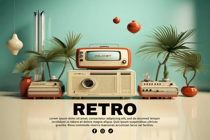 Scene Banner With Retro Electronic Devices With Plants Over Vintage Room