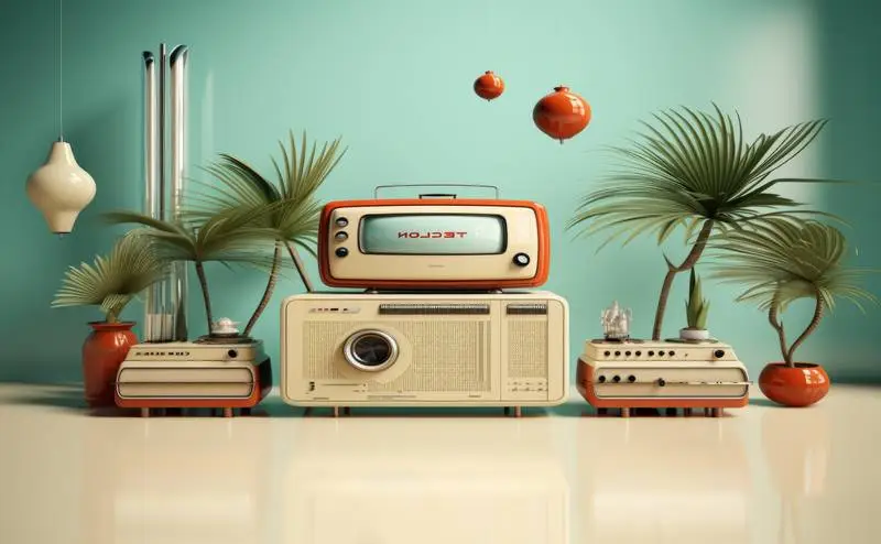 Image of Scene With Retro Electronic Devices With Plants Over Vintage Room
