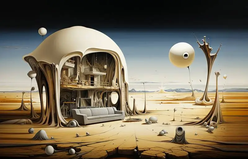 Surrealistic Image of Desert Space With Cave and Sofa