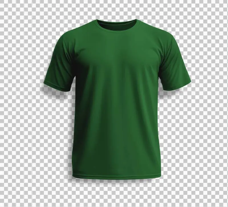Dark Green Short-Sleeved T-Shirt Standing on Transparent Background