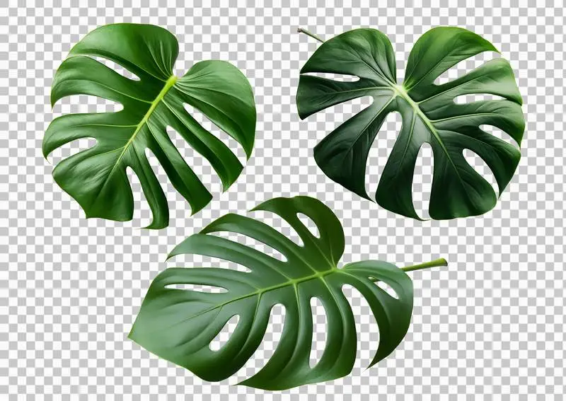 Set of Tropical Monstera Leaves Isolated on Transparent Background